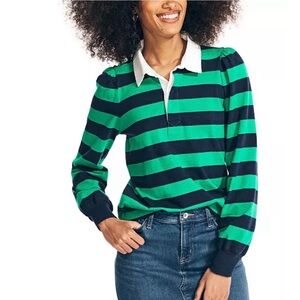Nautica Green & Blue Striped Puffed Sleeve Rugby Polo Long Sleeve Small